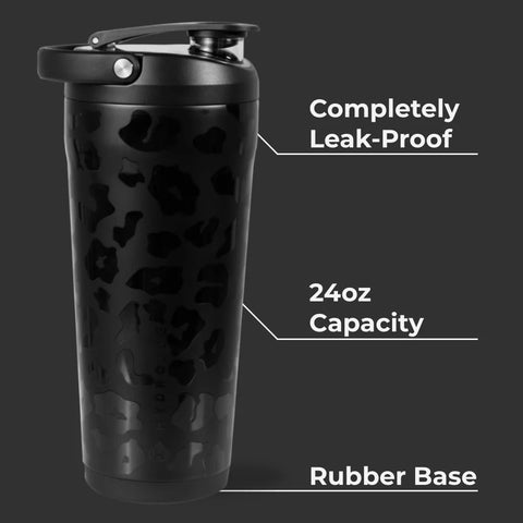 Insulated Shaker 24oz | Stainless Steel Protein Shaker, Silent Grate – Black Leopard