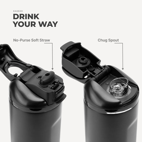 Ease2o 24oz | 2-in-1 Water Bottle with Soft Straw & Chug Spout – Black